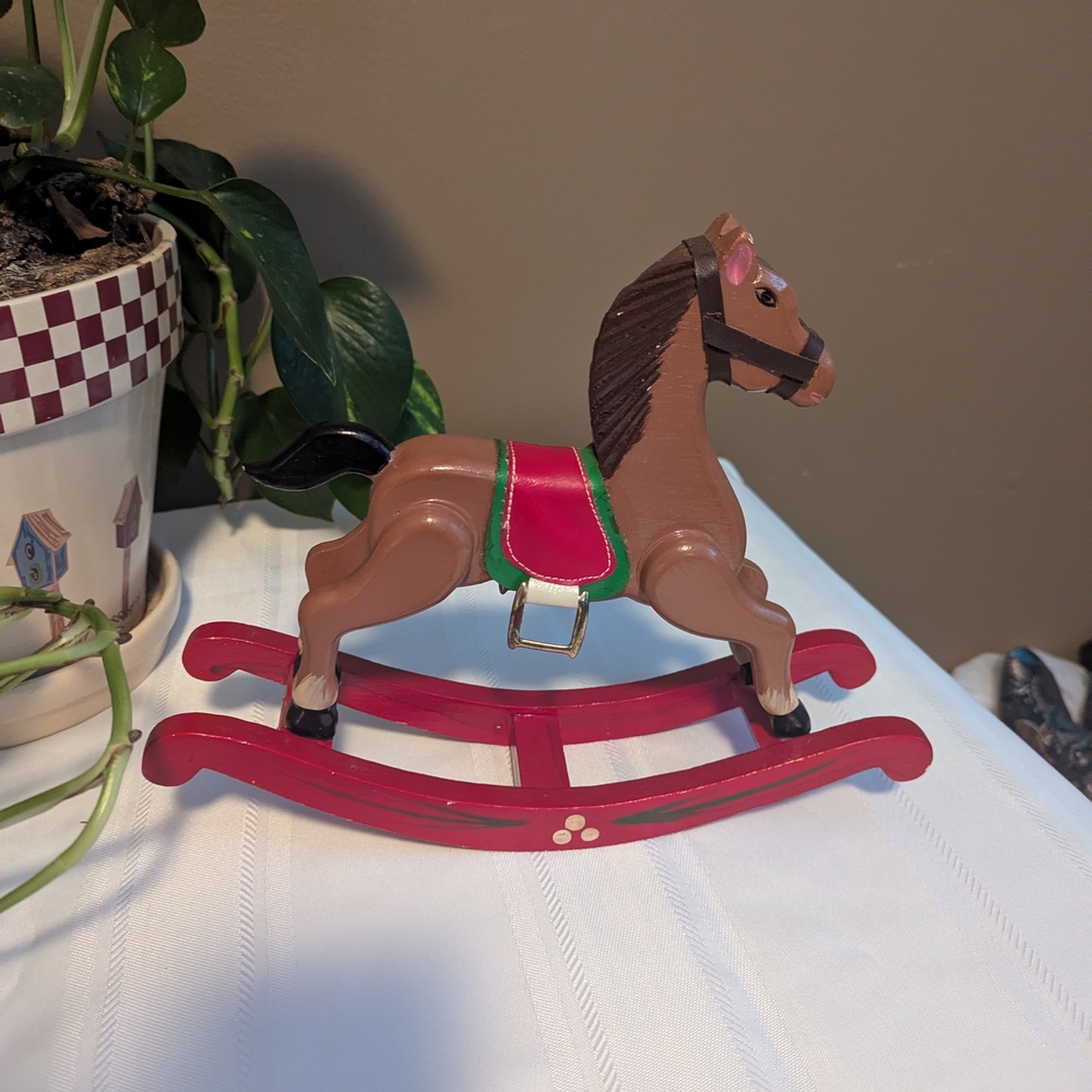 Classic Brown Rocking Horse With Green Saddle. Home Decor.  Vintage.